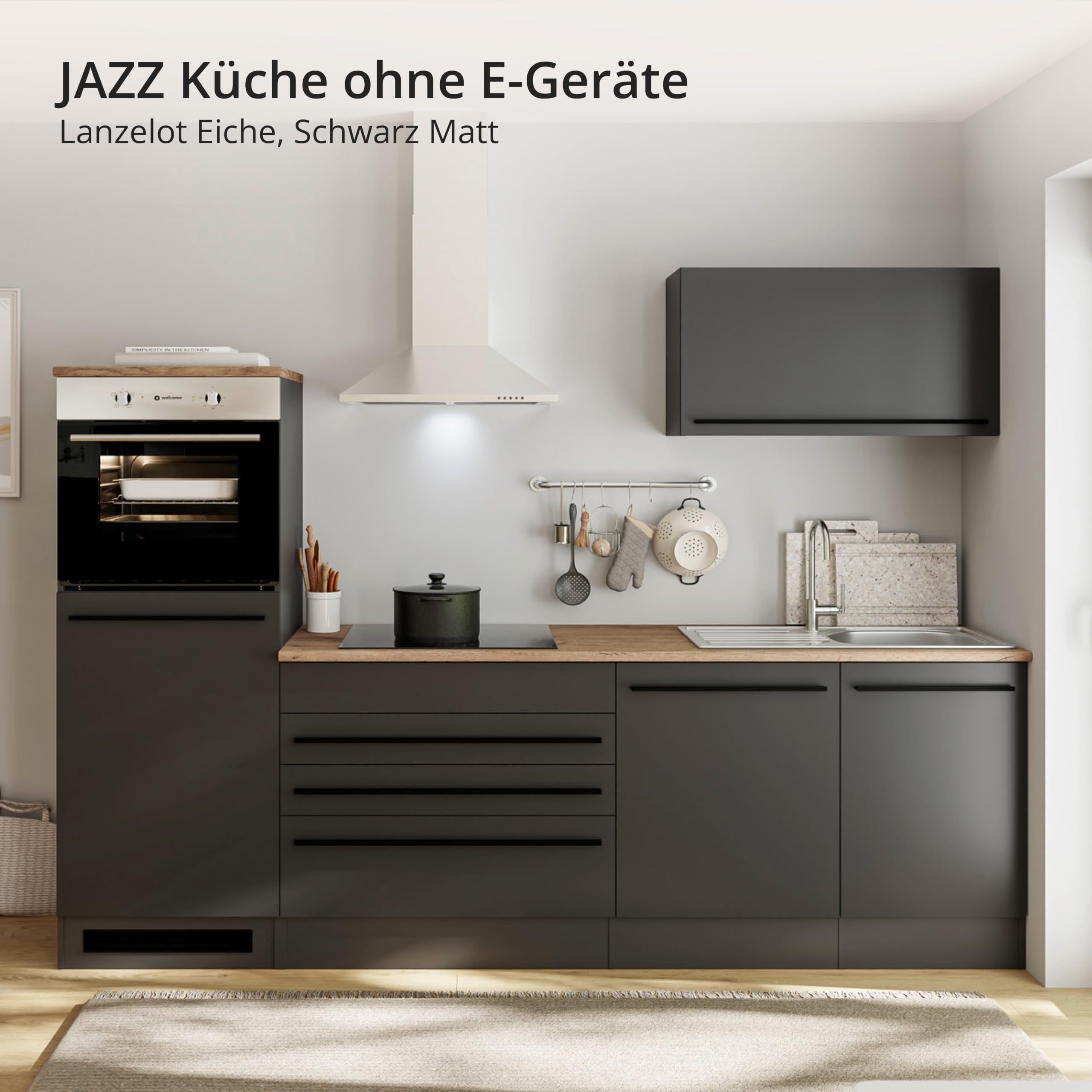 84-131-18 JAZZ Küchenblock Küchenzeile Schwarz ohne Geräte ca. 260 x 200 x 60 cm | Küchenblock mit Arbeitsfläche und offenem Ablagefach, Umbauschrank für Backofen auf Brusthöhe, Küche ohne Elektrogeräte