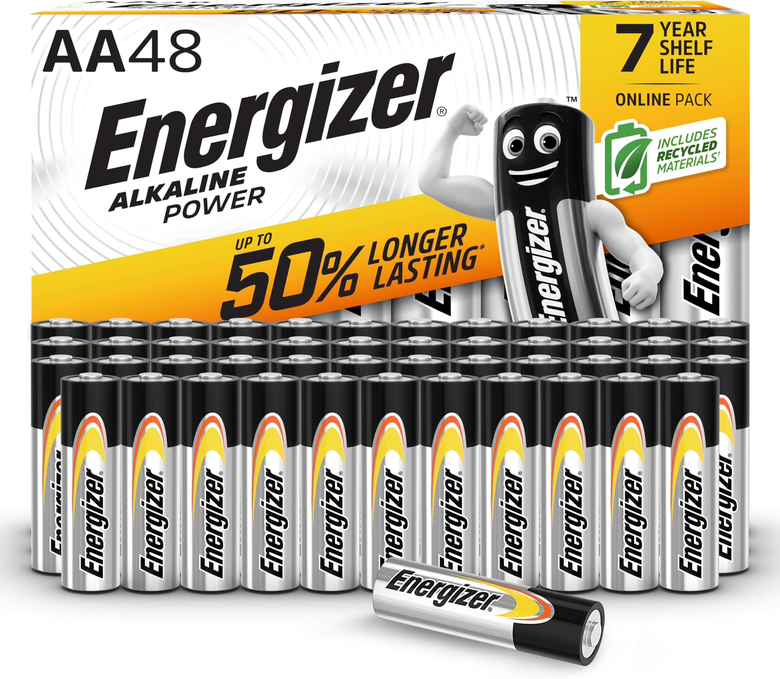 Energizer Alkaline Power - AA Batteries (48 Pack) - Double A Battery 1.5V - Up To 50% Longer Lasting - For Everyday Devices - 100% Recyclable Packaging - 7 Year Shelf-Life [Amazon Exclusive]