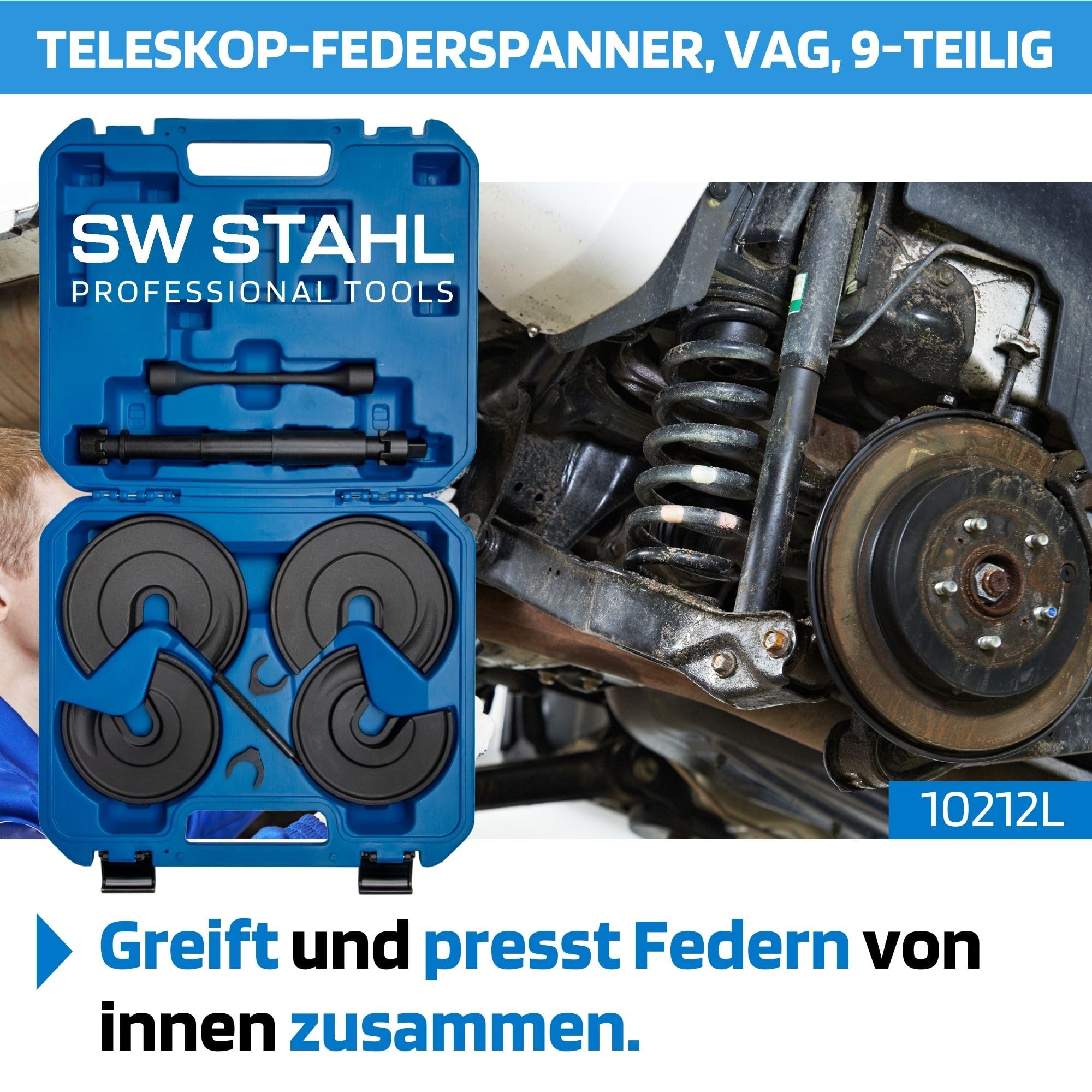 SW-Stahl 10212L Zestaw Napinaczy Sprężyn - Profesjonalny Ściągacz 2 Sztuki | Uniwersalne narzędzie do zawieszenia, kuty materiał o wysokiej wytrzymałości, zakres pracy do 280 mm, napęd 1/2 i 21 mm