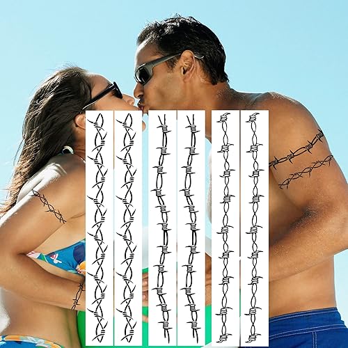 Miniatura 4 de Tatuajes de alambre de púas, 6 hojas grandes de tótem de alambre de púas, tatuajes falsos para hombres y mujeres, realistas, impermeables