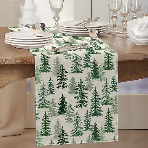 Miniatura 4 de Camino de mesa navideño de invierno de 13 x 72 pulgadas, decoración de mesa de árboles de pino verde para temporada de Navidad, vacaciones, casa de