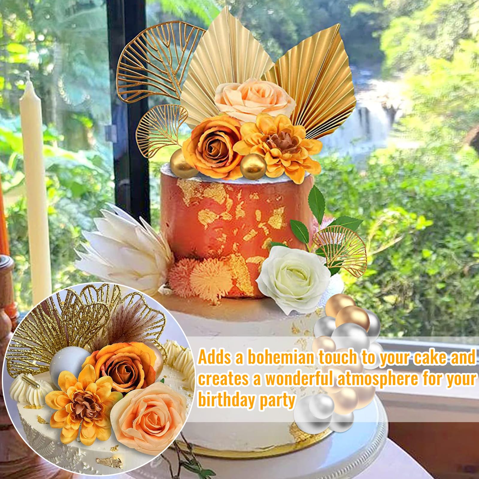 32-teilige Boho-Kuchendekoration – Mit Blumen, Palmblättern & Perlen Für Hochzeit, Babyparty, Geburtstag