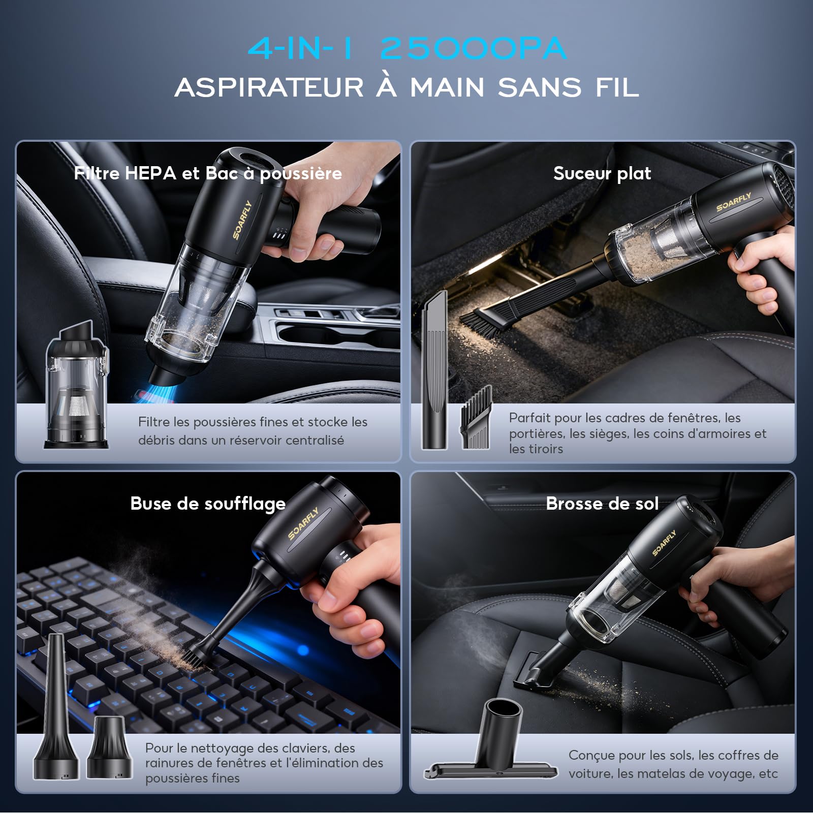 Aspirateur Voiture Puissant Sans Fil, Aspirateur de Voiture à 2 Vitesses Avec Moteur sans Brosse, Mini Aspirateur de Voiture, Cuisine, PC, Canapé, Bureau, Maison et Nettoyage des Poils d'animaux