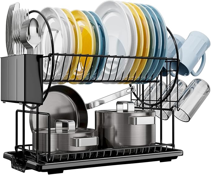 2 Tier Black Dish Drainer Rack with Drip Tray, Stainless Steel Draining Dish Rack drainer with