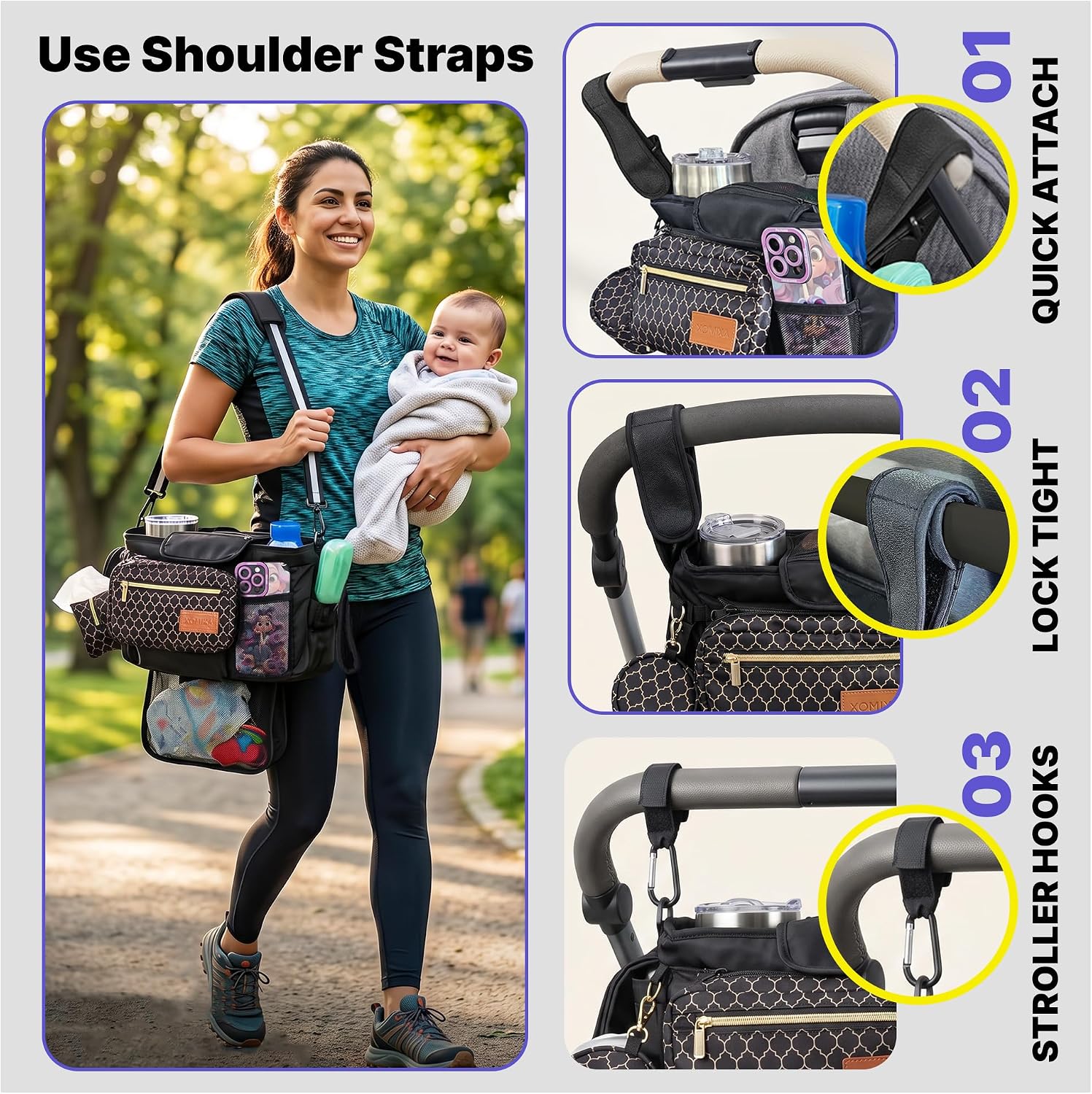Stroller Organizer with Cup Holders – 9-in-1 Universal Baby Stroller Caddy with Large Pockets, Detachable Pouch & Pacifier Bag, Hooks & Adjustable Reflective Straps, Fits Most Strollers.