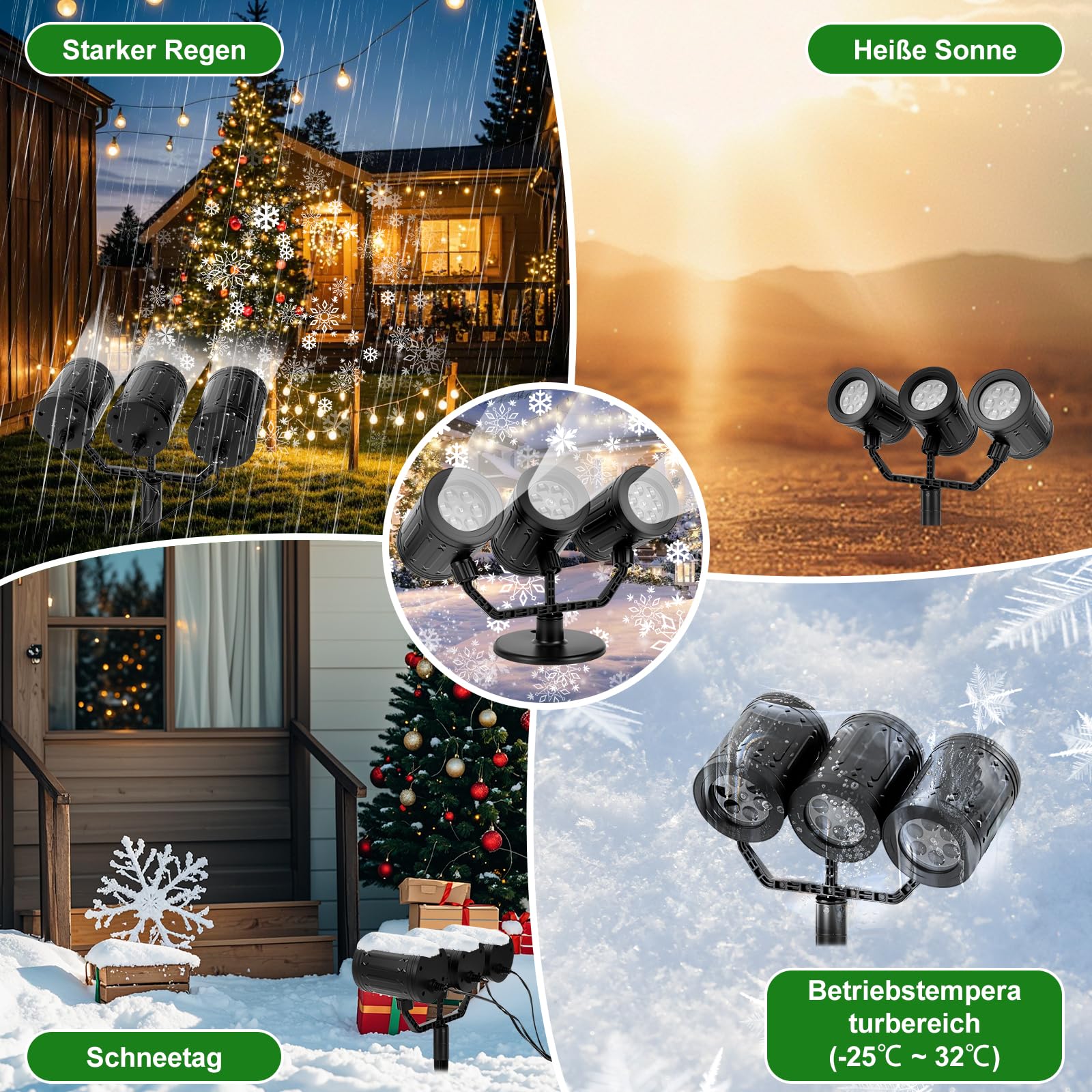Charmofun Projektor Weihnachts Aussen, 3-Kopf Dynamische LED Schneeflocke Projektor 360°Rotierende mit Timer, Wasserdicht, Weihnachtsbeleuchtung außen für Garten Fenster Wand Party Weihnachtsdeko
