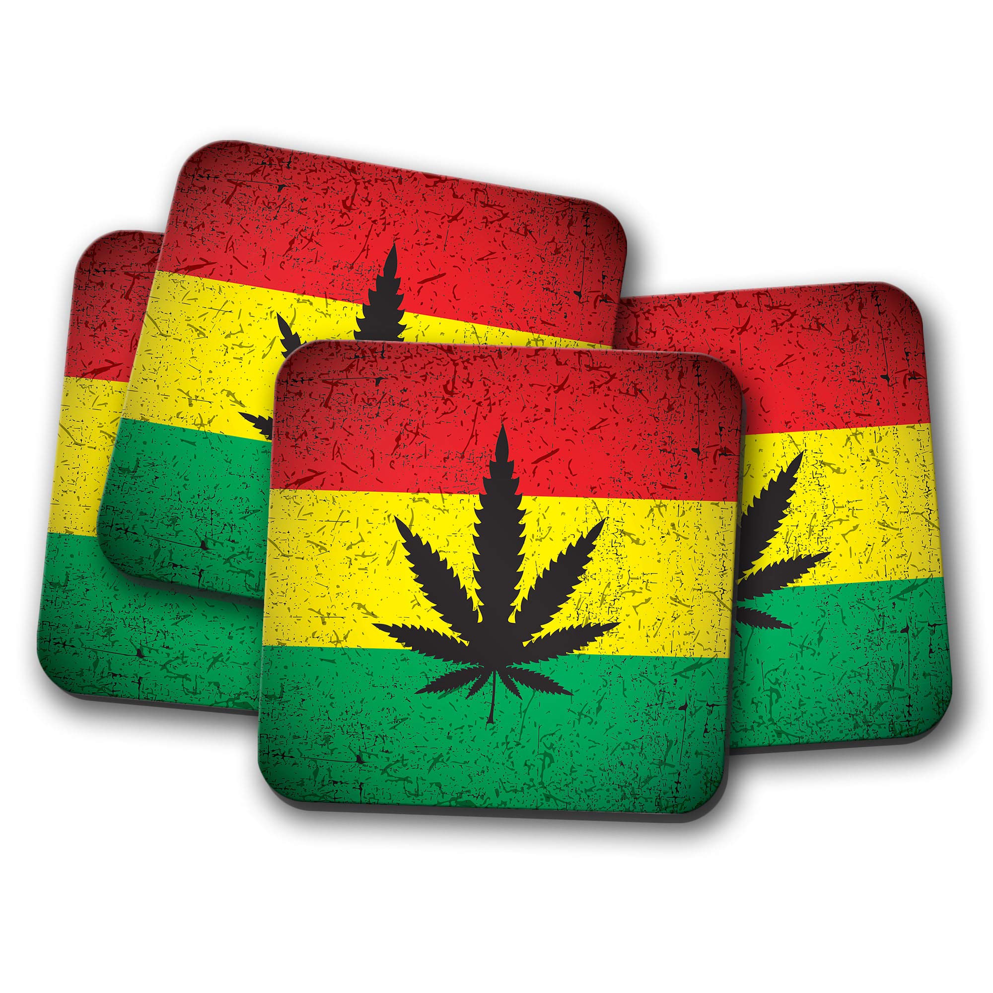 Destinationvinyl Multicolor 4 Set - Cannabis Rasta Flag Coaster - Jamaica Rastafari Weed Drugs #14456