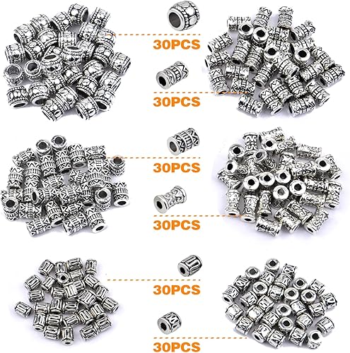 Miniatura 2 de 180 cuentas espaciadoras de columna de 6 estilos, cuentas tibetanas vintage, cuentas sueltas para hacer pulseras, collares, joyas, plata antigua