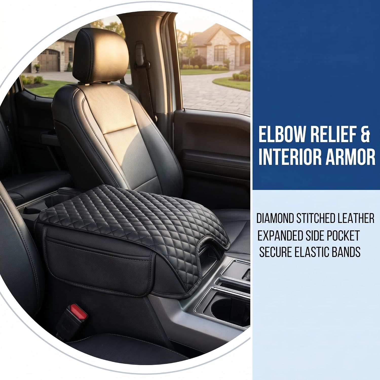 Center Console Cover Custom Fit for Ford F150 2015-2020, Armrest Cover for F250 F350 2017-2022 (Bucket Seat) W/Side Pocket, Waterproof Leather Armrest Pad, Car Interior Pet Scratch Protector