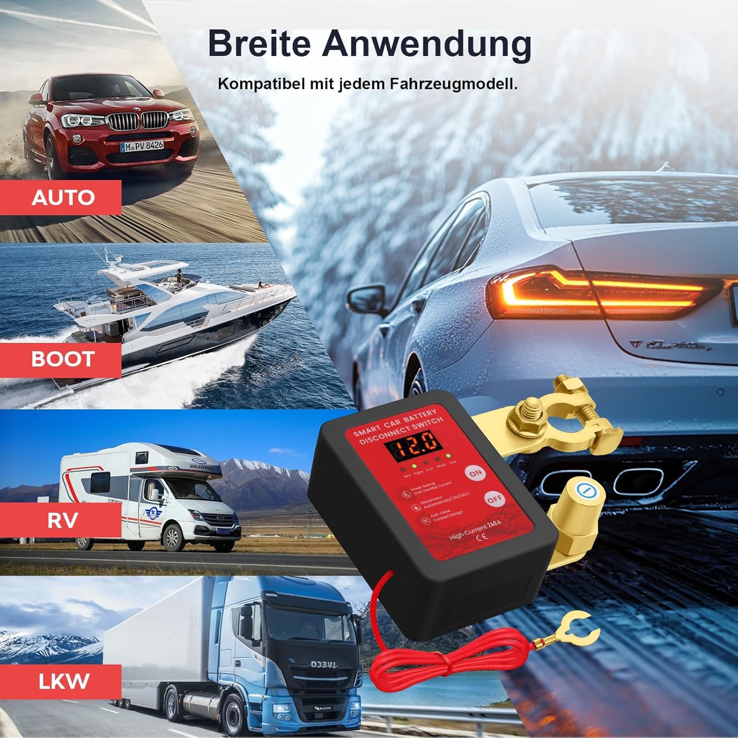 12V Batterie Trennschalter mit Drahtloser Ferngesteuerter,Batterietrennschalter mit Abschaltung,240A Batterie Kill Switch Anti-Diebstahl, für Auto, RV, ATV, LKW, Boot (Mit LED Anzeige)