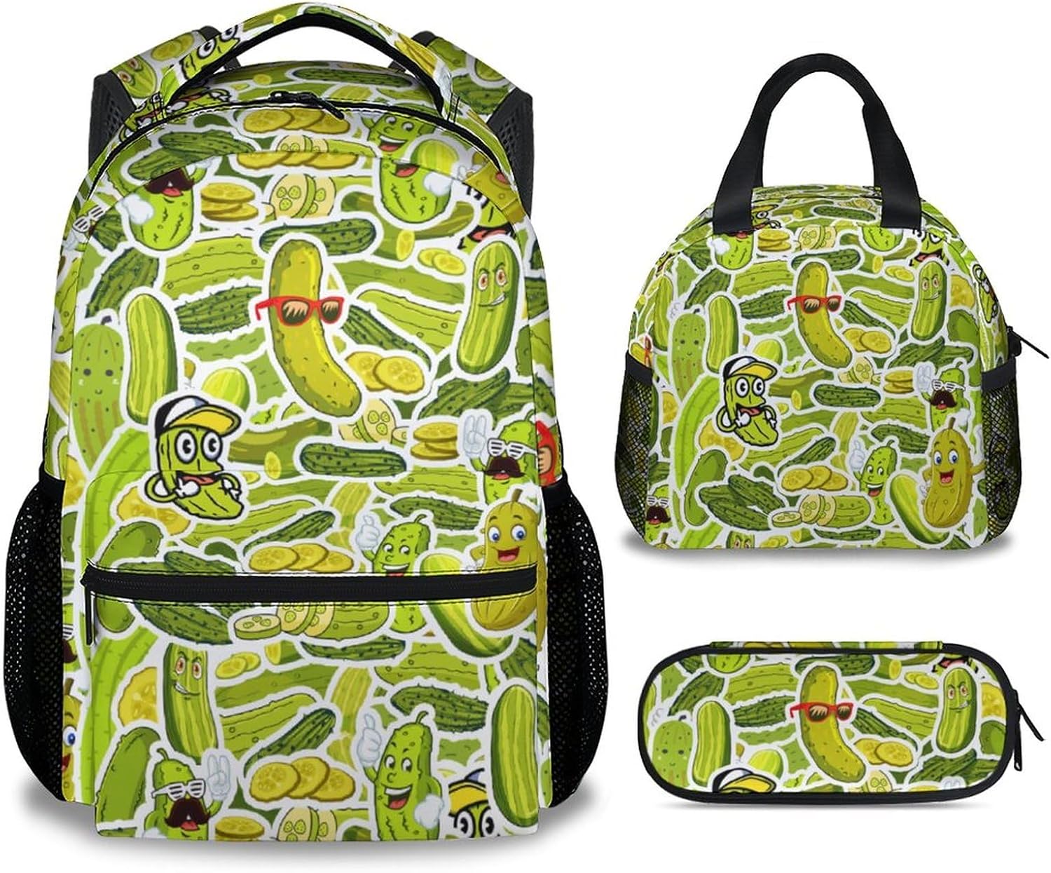 Mercuryelf Pickles Girls Boys Backpack with Lunch Box Set, 3 in 1 School Travel Backpacks Matching Combo, Funny Green Bookbag and Pencil Case Bundle