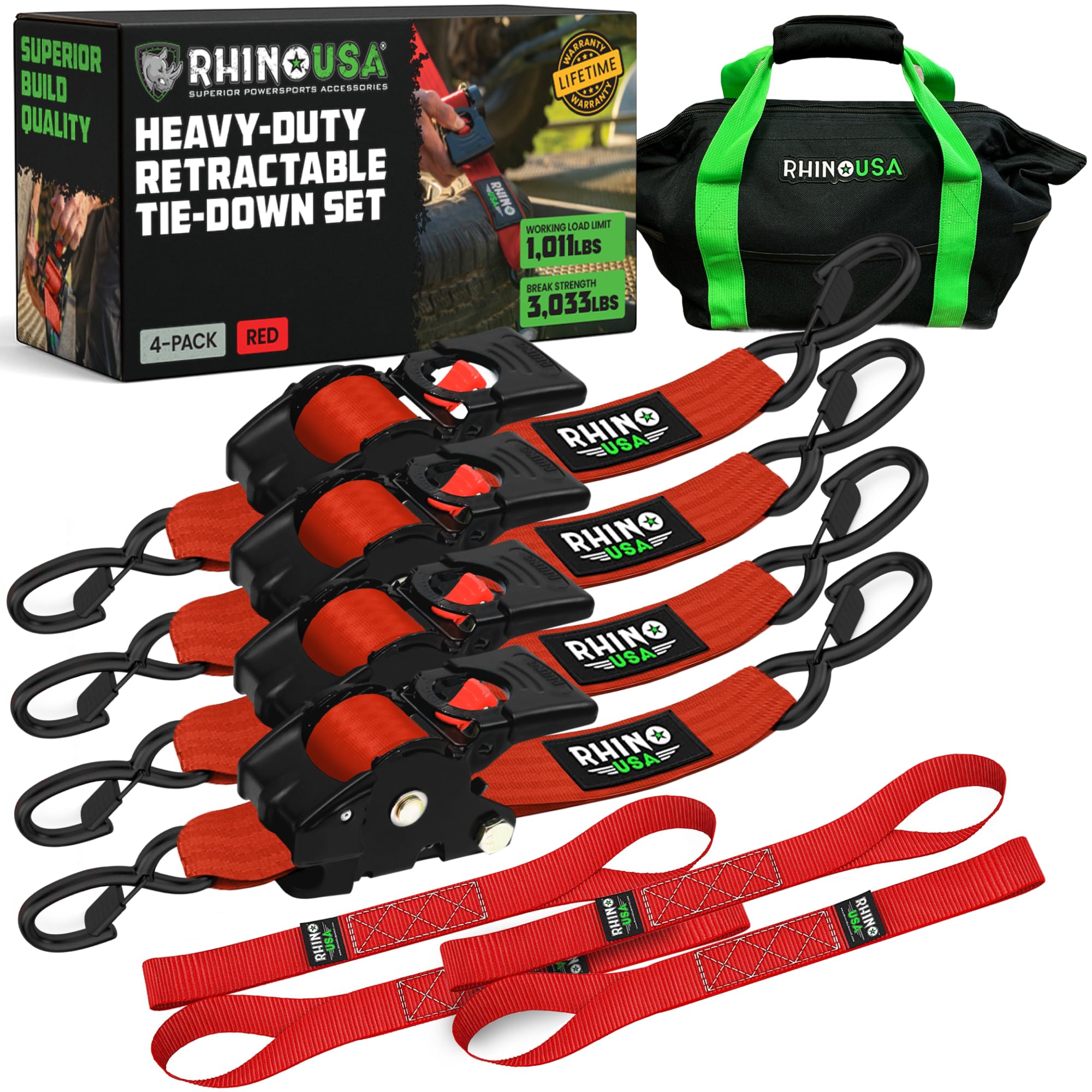 Rhino USA Retractable Ratchet Straps (4-Pack) - 2 Inch x 10 Feet (3,033lb Break Strength) - Heavy Duty Auto Self Retracting Tie Down Straps for Truck, Cargo Trailer, Motorcycle, Rad & More - Red