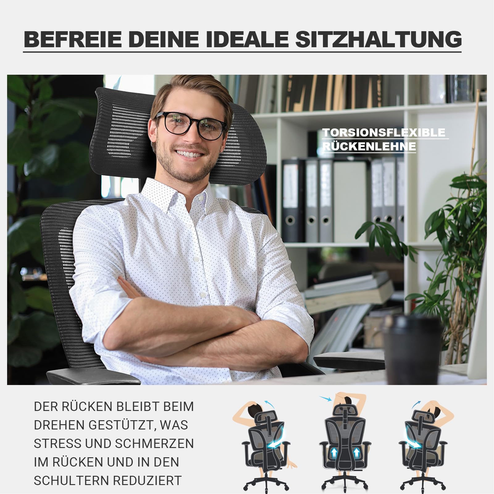 MELOKEA Bürostuhl Ergonomisch, 4D-Armlehnen, Verstellbare Sitztiefe, 4-Stufen Neigung, 3D-Kopfstütze, Gummirollen, Hohe Rückenlehne, Lordosenstütze, Langes Sitzen, Office & Gaming, Bürostuhl 200KG