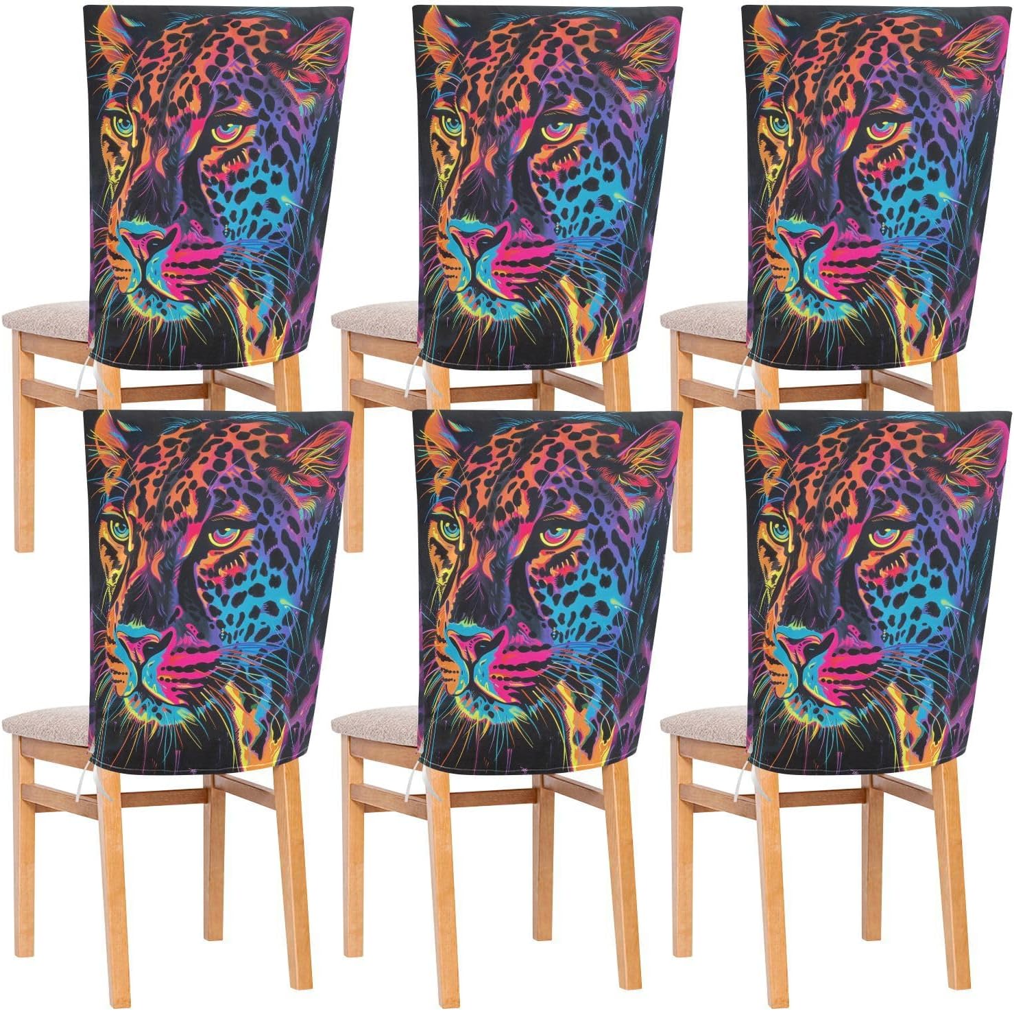 ALAZA Neon Leopard Chair Back Cover Set of 6, Washable Reusable Removable Chair Slipcovers Decorative Chair Cover for Home Kitchen Wedding Party