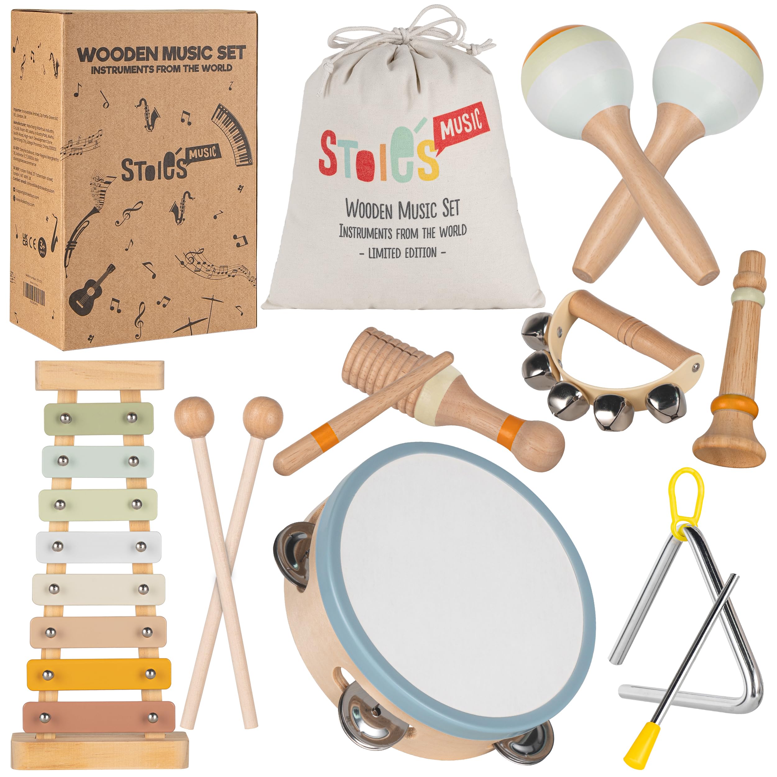 Stoie's Wooden Kids Musical Instruments for Babies and Toddlers 1-9 years old, Montessori Educational Music Toy with Xylophone, Tambourine, Hand bell, Triangle, Maracas, Durable, Storage Bag, Unisex