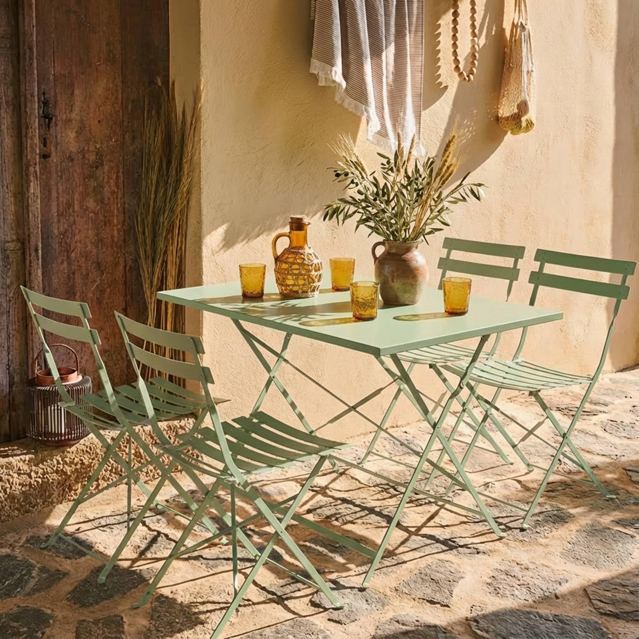 Table de Jardin Bistrot Pliante Métal 110x70cm + 4 Chaises Pliantes Acier Thermolaqué