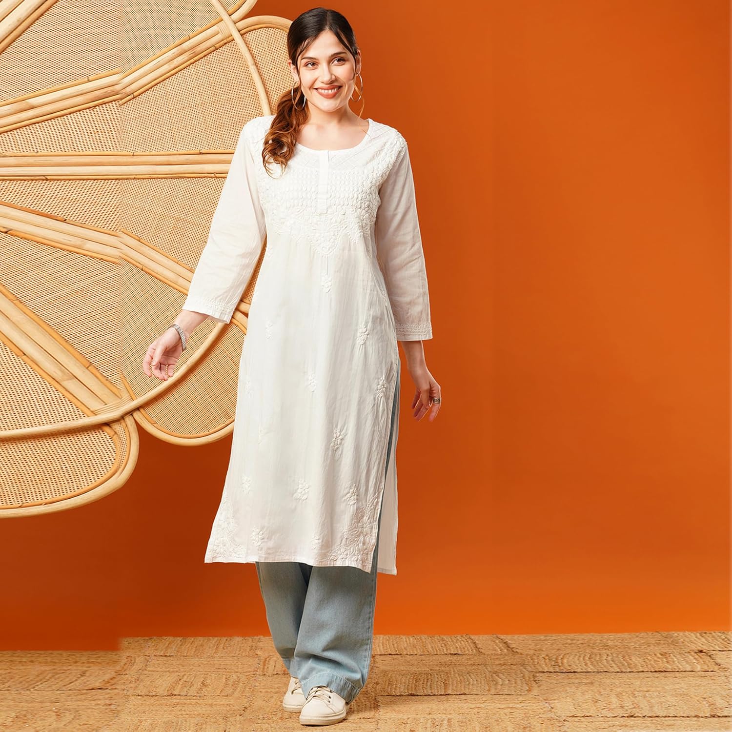 Ada Indian Hand Embroidered Chikankari White Cotton Kurti Kurta Tunic Dress for Women A100376 - Image 6