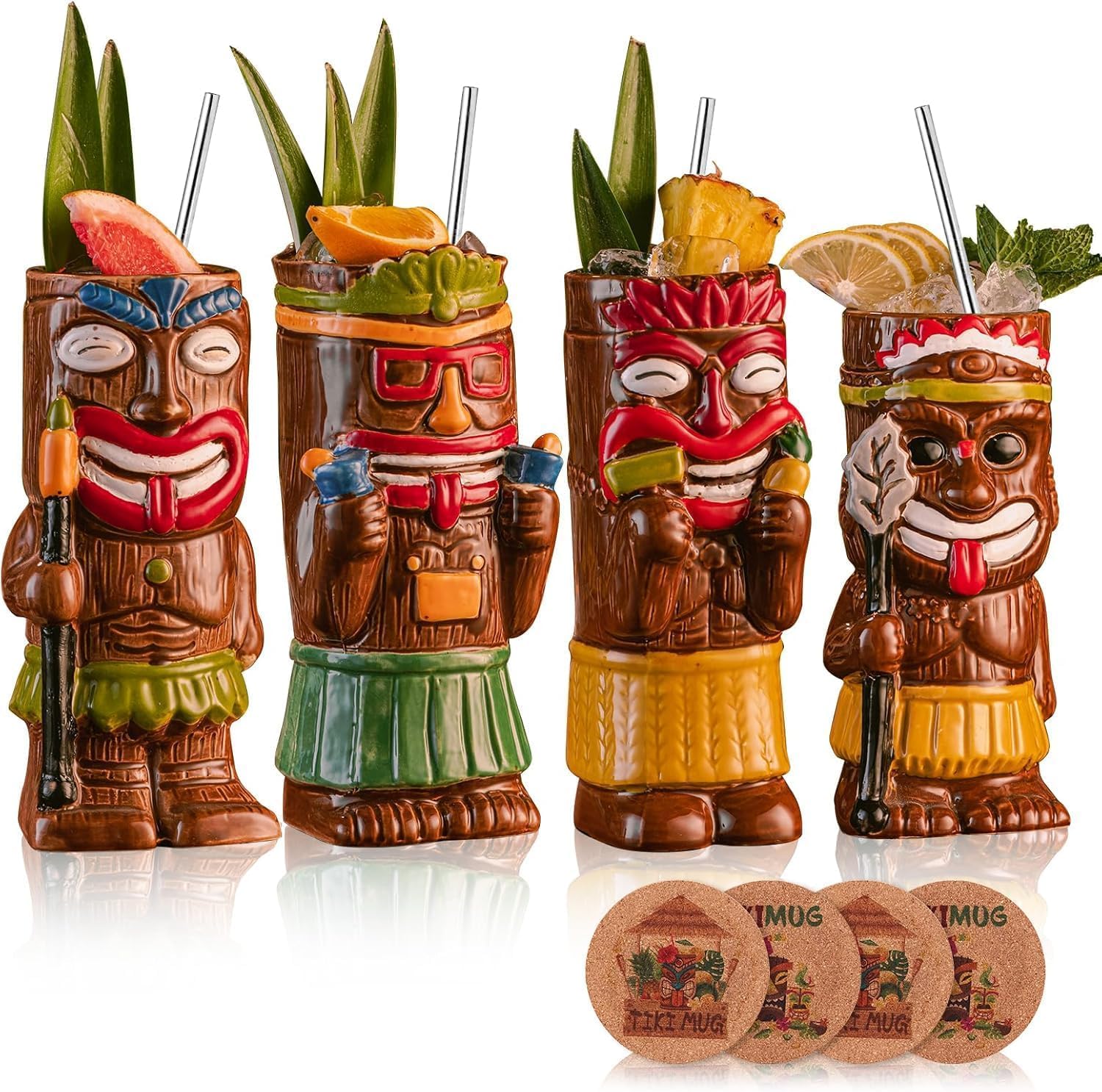 Cocktail Tiki Mugs Set Of 4 - Exotic Mug With 4 Coasters And 4 Straws,Cute Ceramic Hawaiian Style Cocktail Glasses For Party And Tropical Tiki Bar,Mai Tai Cocktail Drinkware (Glossy)