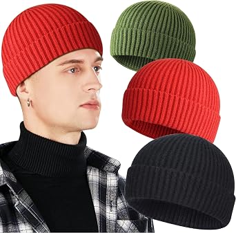 3 Pack Wool Fisherman Beanies for Men, Short Knit Watch Cap Cuffed Hats