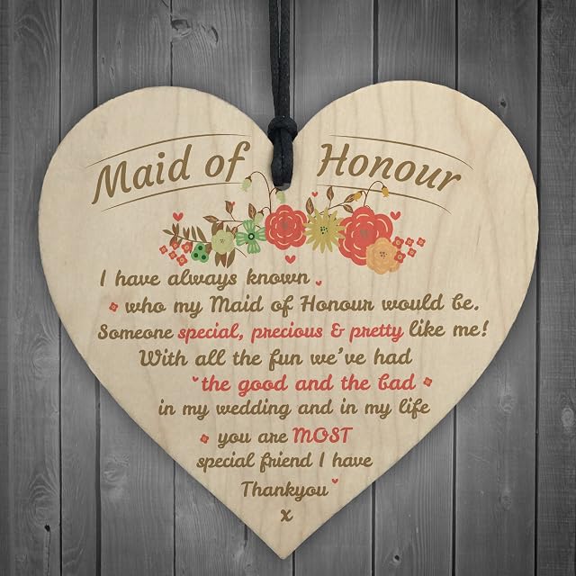 RED OCEAN Thankyou Maid Of Honour Wooden Heart Plaque Wedding Keepsake Bestfriend Bridesmaid Gift