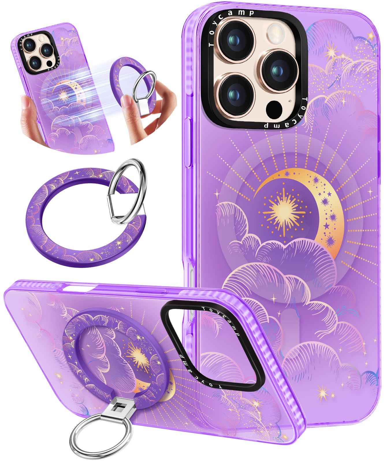 toycamp for iphone 16 pro case compatible with magsafe - cute design 360° magnetic ring holder stand kickstand funny star moon girly pretty fashion tpu phone covers for women tenn girls