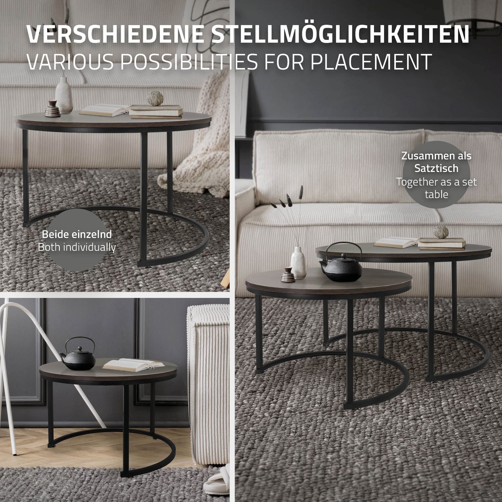 ML-Design Juego de 2 Mesas Auxiliares Redondas de Centro Ø59x40cm/Ø74x48cm MDF Roble Oscuro Estructura de Metal Negro Mesita para Salón Diseño Moderno Tablero para Lámparas Accesorios Decorativos