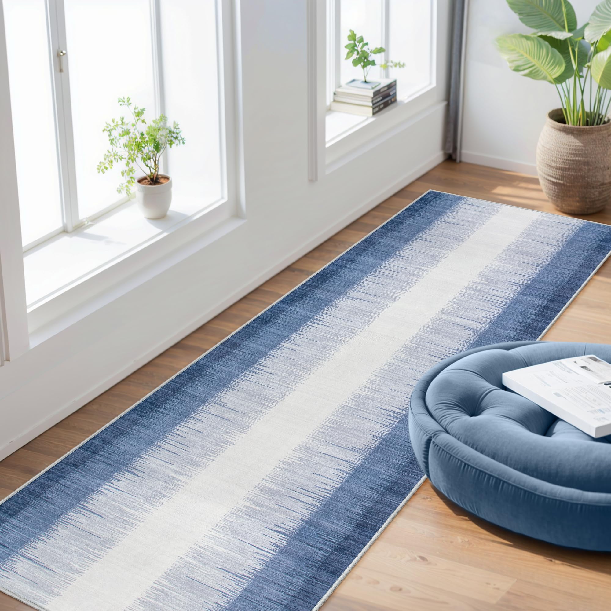 Lahome Ombre Carpet Runners for Hallways 8ft, Blue Kitchen Runner Rugs Non Skid Washable 3x8 Runner Rug Ultra-Thin, Modern Print Soft Home Decor for B