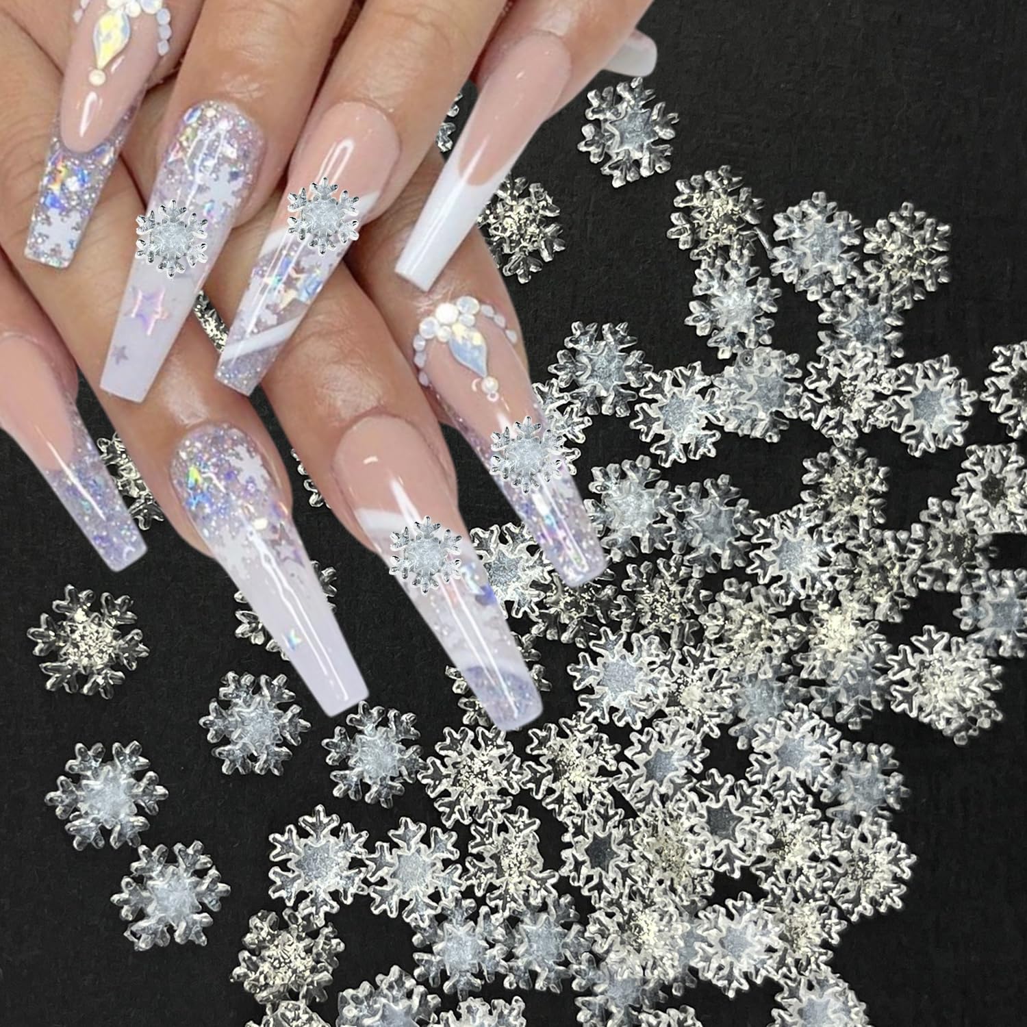 100Pcs Christmas Nail Art Charms Snowflake Nail Charms White Transparent Snowflake Nail Supplies Bling Snow Shape Resin Nail Gems Mini Flatback Nail