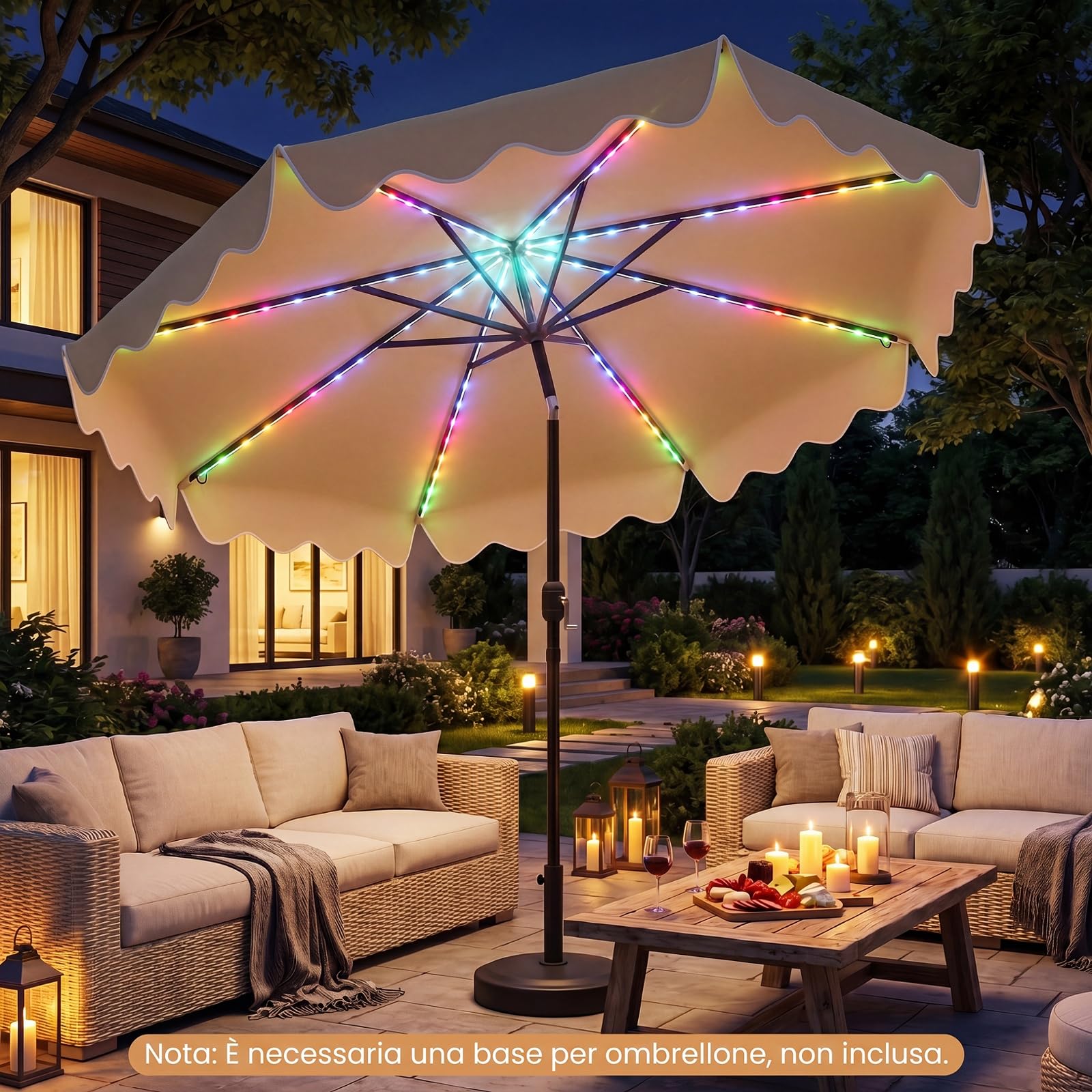 COSTWAY Ombrellone Giardino 280 cm, 104 Luci, Inclinabile 30° | 8 Stecche in Metallo, Anti- UV, Parte Superiore Ventilata e Manovella, per Balcone Terrazzo Piscina