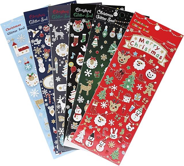 Naler 6 Sheets Christmas Stickers for Card Making Glitter Decals Stickers, Shimmer Graphic Stickers for Xmas Home Party Decoration Scrapbooking DIY Craft