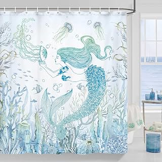 Mermaid Shower Curtain for Bathroom, Starfish Coral Beach Ocean Decor Bath Curtains, Seashell Jellyfish Kids Cute Bathtub Decor Accessories with Hooks 69X72 inch, Teal
