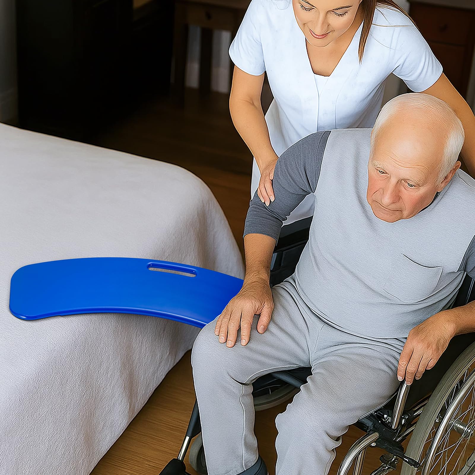 Transferbrett für Rollstuhlfahrer – Rutschfestes Gleitbrett aus Hochfestem Kunststoff, Patienten-Transferhilfe zum sicheren Umsetzen zwischen Rollstuhl, Bett, Toilette und Auto (Blau)