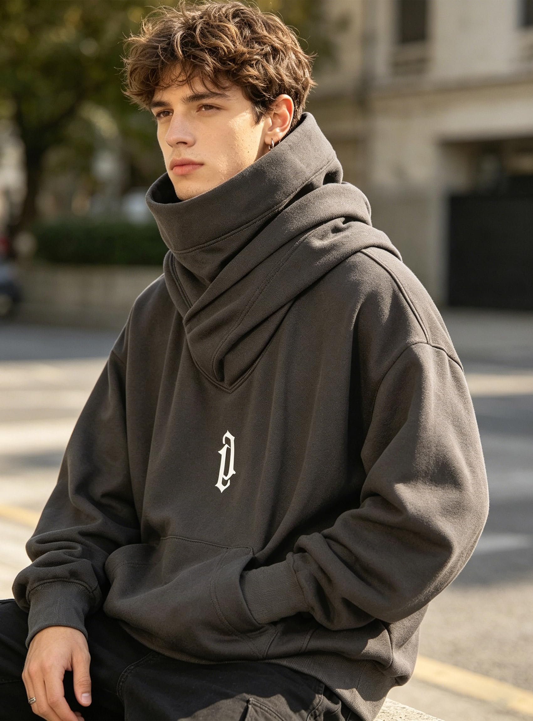 Hoodie Herren Oversize Rollkragen Fleece Pulli mit Maske