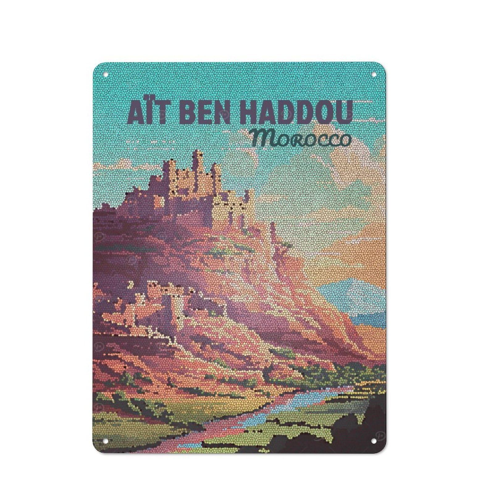 Junmoney Style Aït Benhaddou, Morocco Mosaic Retro Tin Wall Plaque 40X30cm For Hobby Room Or Studio, For Garage, Workshop And Man Cave Decoration