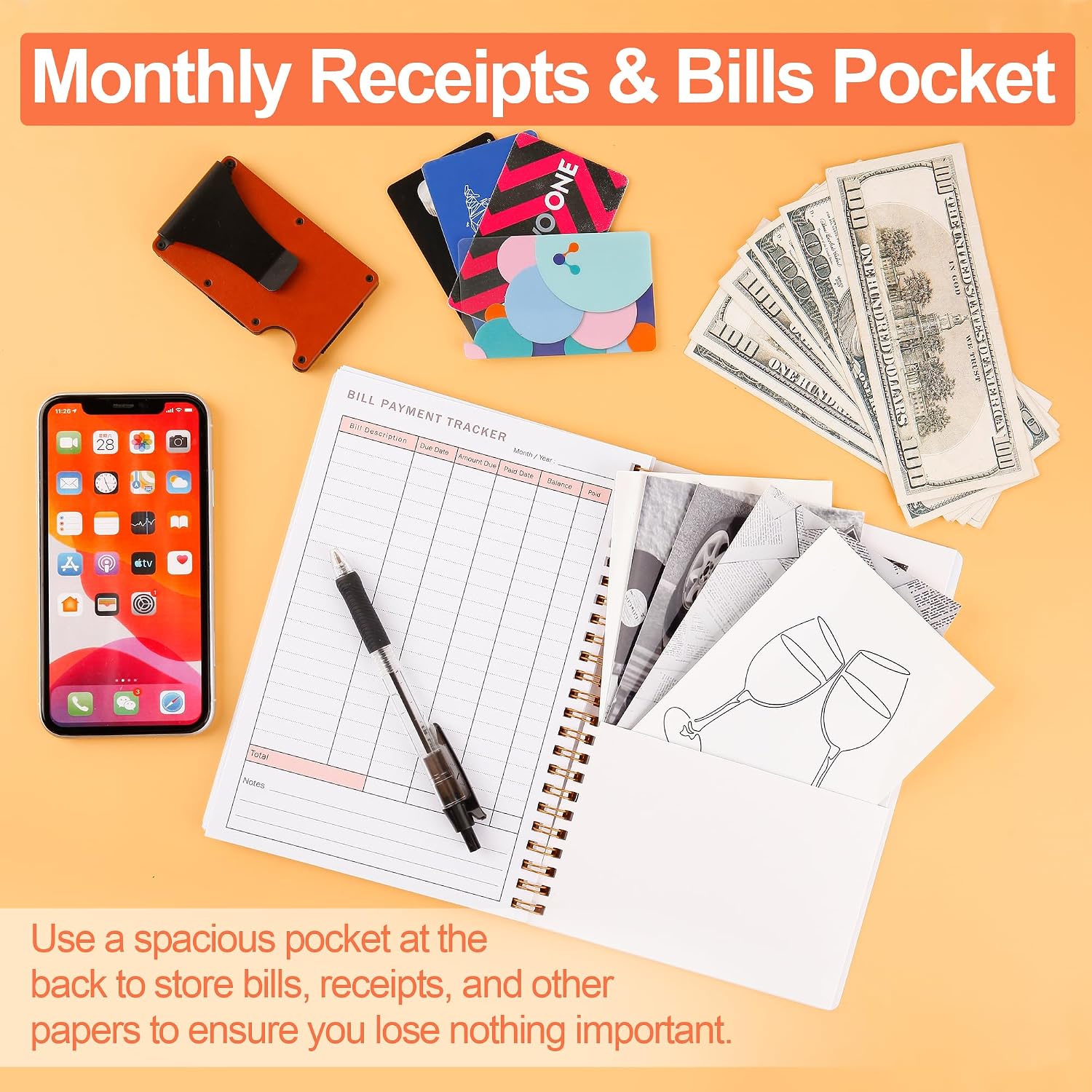 Bill Payment Tracker Notebook with Spiral Binding and Back Pocket – for Financial Tracking Home Finance & Monthly Bill Payment Organizer (Sunset Leaves) image 5