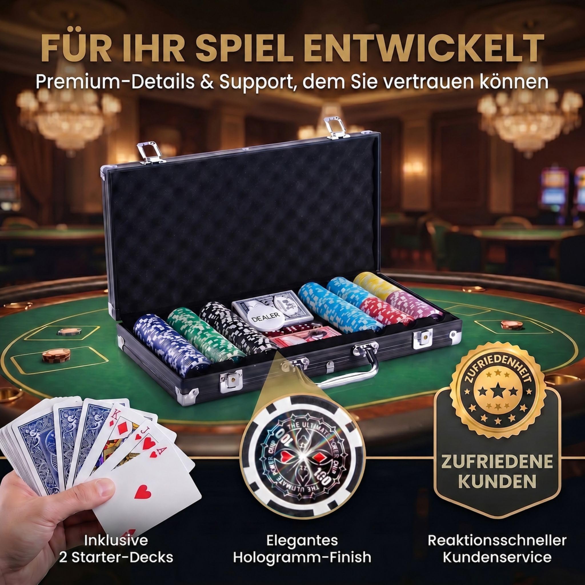 Profi Pokerkoffer mit 500 Chips, Alu-Koffer abschließbar, Casino für Zuhause (Schwarz)