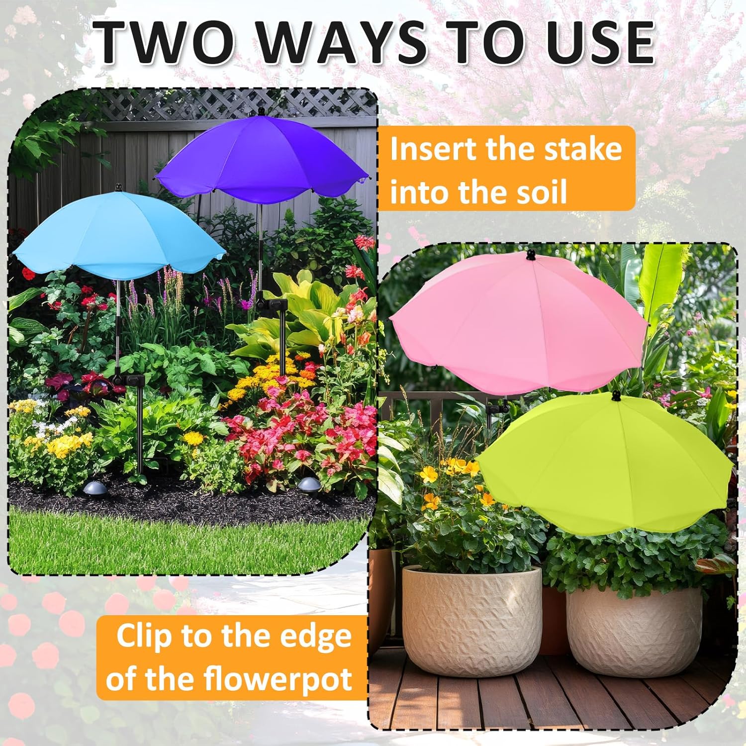 4 Pcs Plant Umbrellas for Outdoor Plants 26" Adjustable Garden Umbrella Shade for Potted Flower 40" Height Sun Shade Covers with Clamp for Garden Patio Balcony Bed Flower Pots (4 Colors)