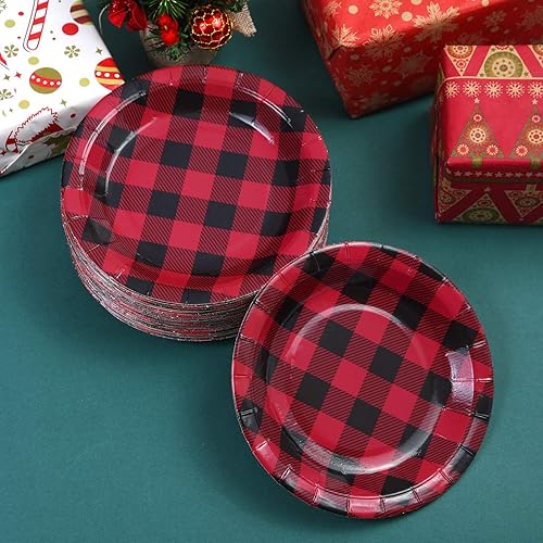 Miniatura 5 de Aneco 60 platos de papel a cuadros rojos y negros, platos redondos, suministros de fiesta para fiestas, 7 pulgadas