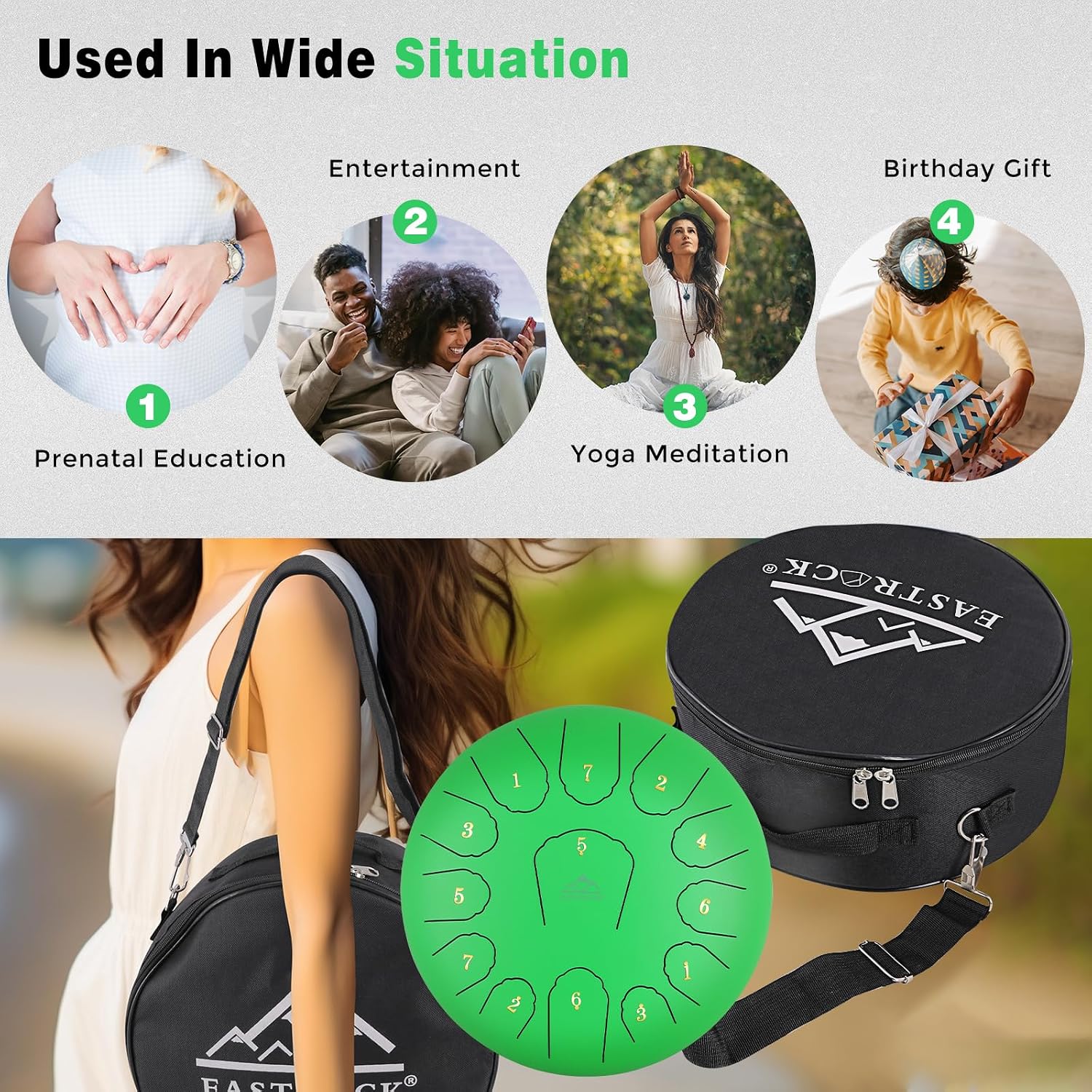 EASTROCK Steel Tongue Drum for Kids 12 Inches 13 Notes Percussion Instrument Handpan Drum C Key with Travel Bag,for Meditation Entertainment Yoga,Mallets,and Music Book (Emerald)