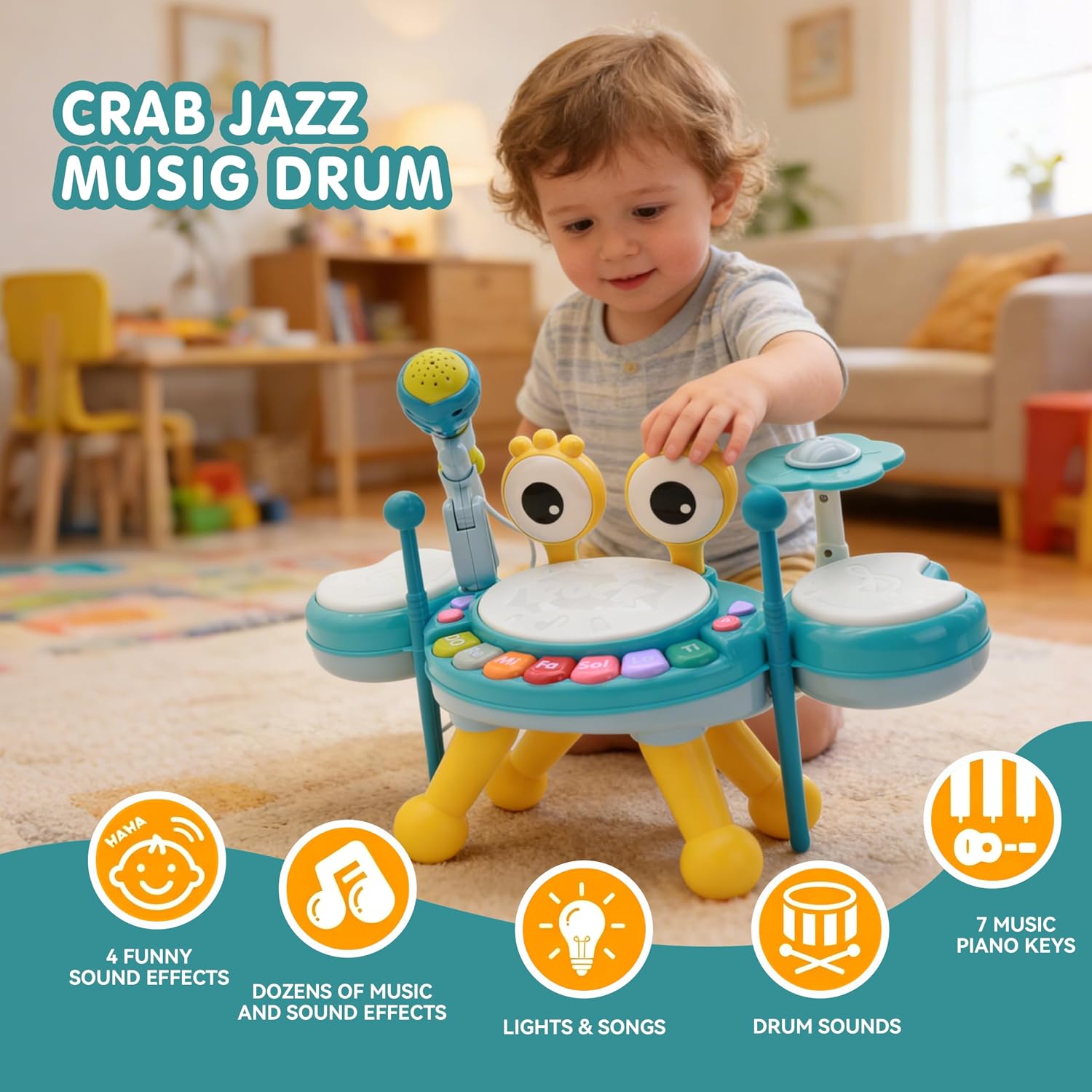 Toddler Drum Set for Toddlers 1-3 with Light-Up Microphon,Baby Drums Learning Toys(Blue)