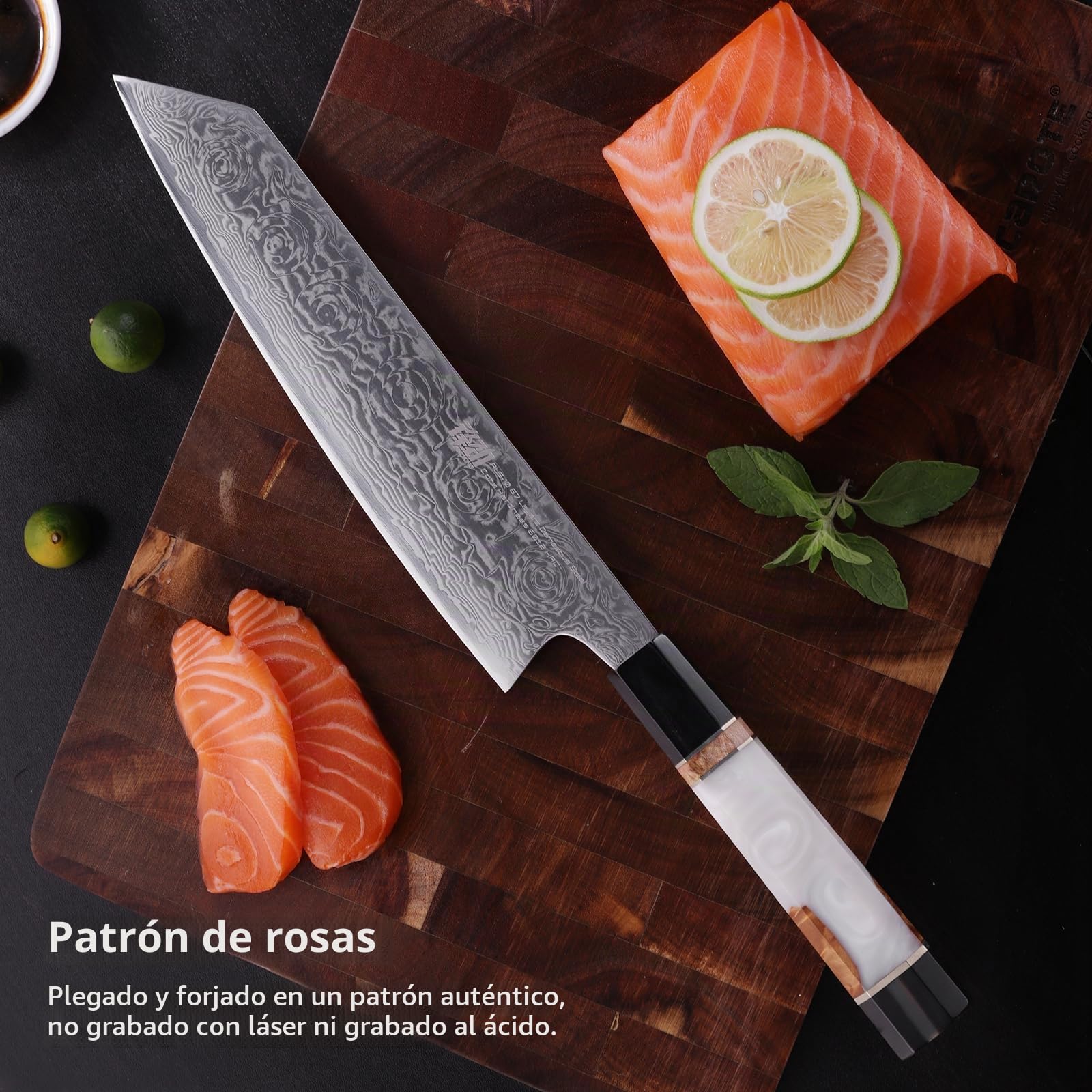 FINDKING Cuchillo Kiritsuke 23cm, Acero Damasco Estilo Japonés BLACK-ROSE | Cuchillo Kiritsuke, hoja 23cm, Acero Damasco, Estilo Japonés, cuchillo cocina, corte preciso, carne verduras