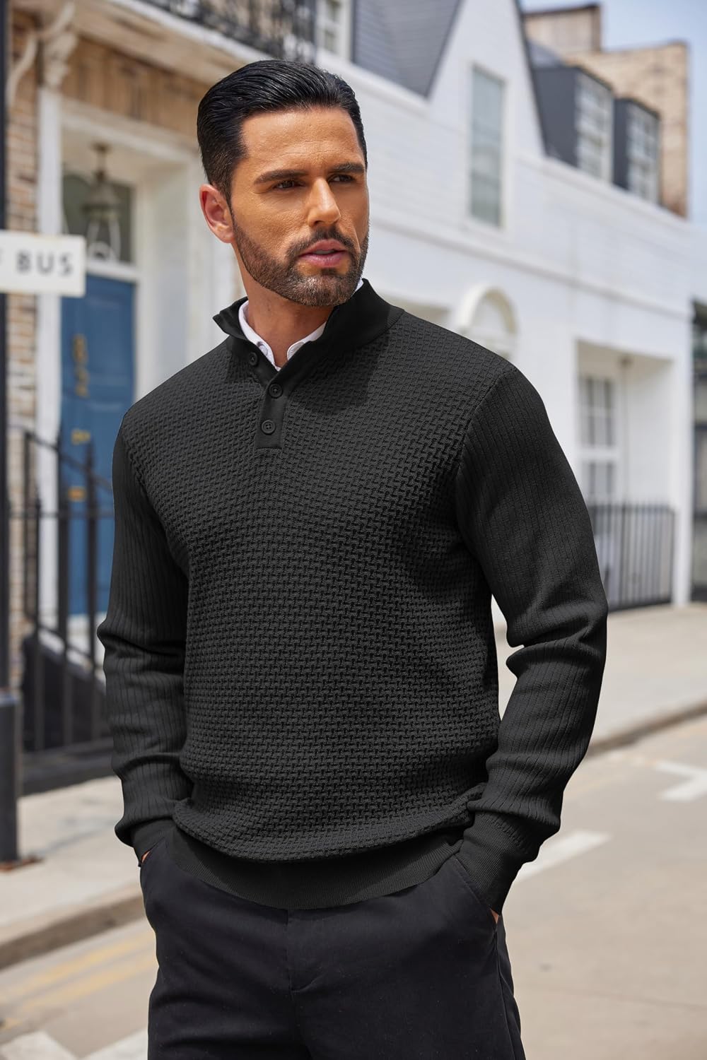 COOFANDY Men's Quarter Button Sweater Lightweight Mock Neck Pullover Sweater Fashion Casual Knitted Waffle Henley Sweater