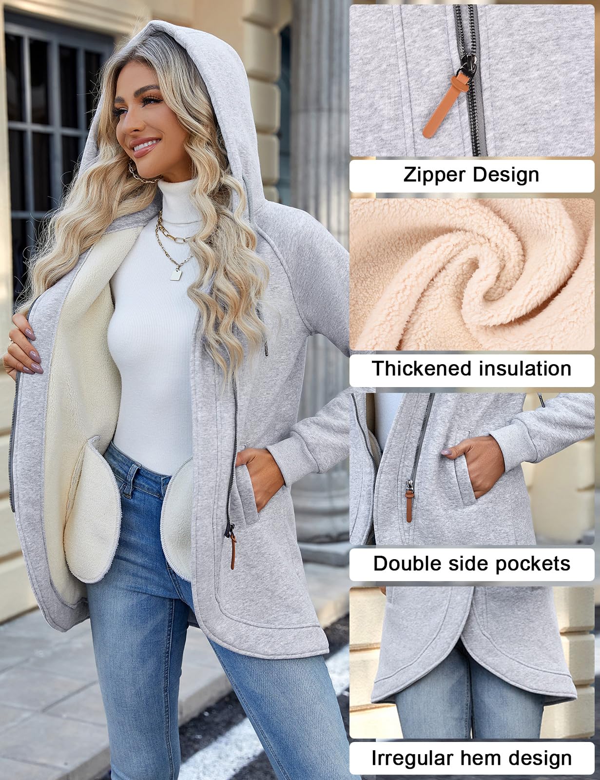 UMIPUBO Felpa Donna con Cappuccio Invernale Felpe con Zip Fodera in Pile Hoodie Sweatshirt a Manica Lunga Caldo Lungo Giacca con Tasche Cotone Termica Cappotto Pullover