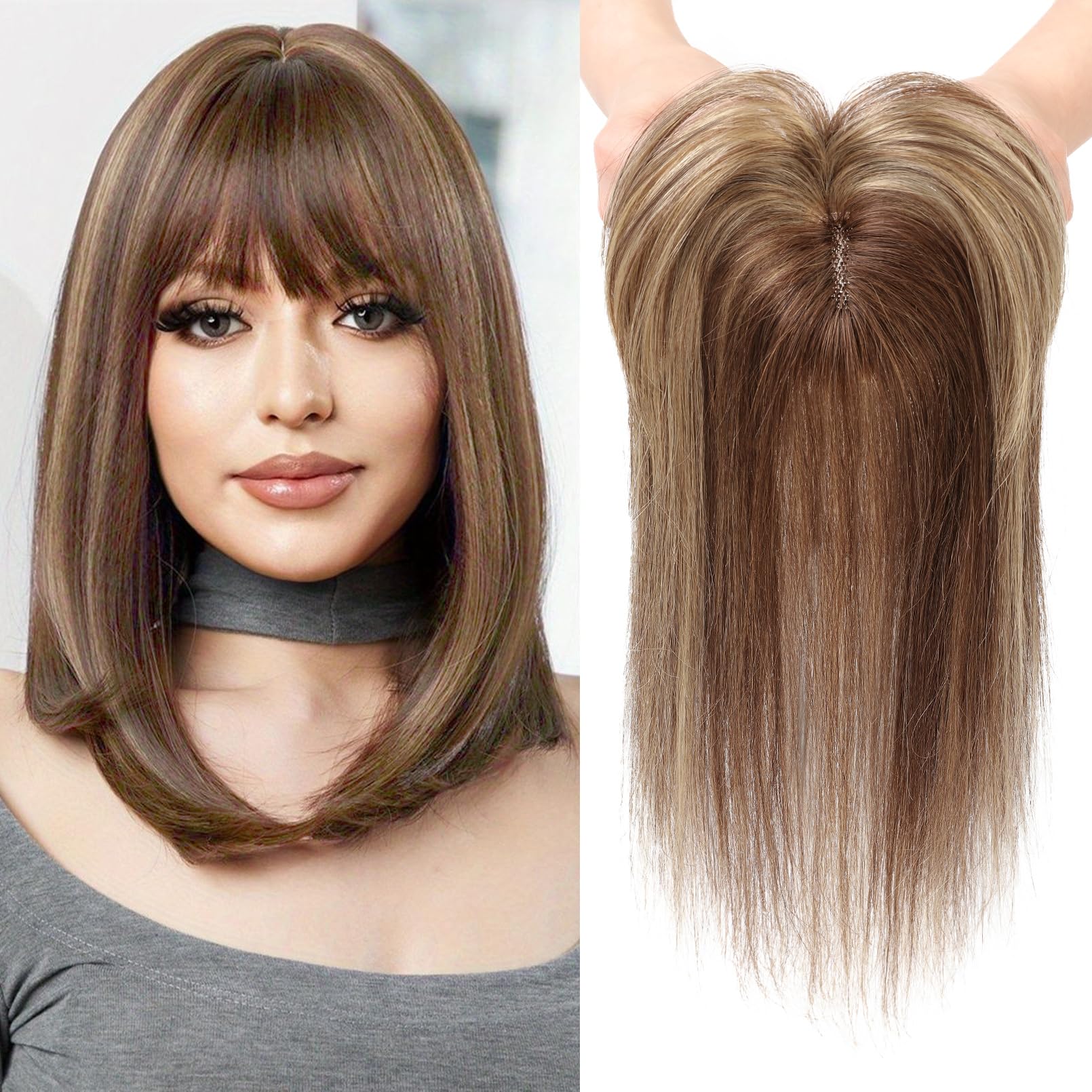 Brown bang pcs human hair pcs topper 2020 Red Brown Highlights Human Hair Topper for Women 14 Inches  main image 4