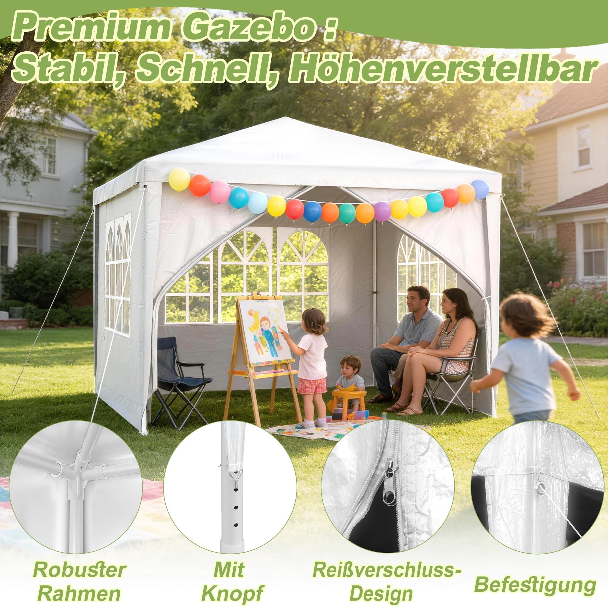 Froadp Carpa de jardín de 3 x 3 m con 4 paredes laterales, para fiestas, estructura de acero, resistente al agua, para jardín, mercado, boda, color blanco