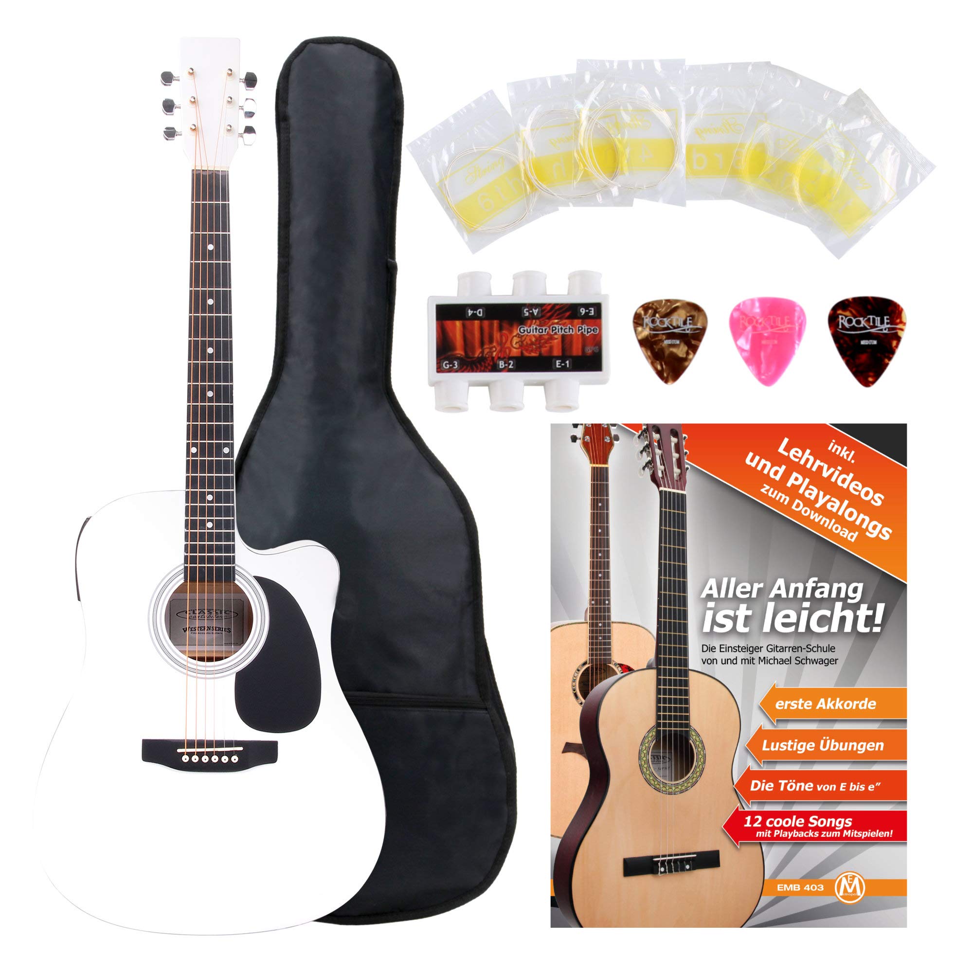Chitarra Acustica Classic Cantabile con Pickup Starter-Set incl. Set | Stile Dreadnought con cutaway, 6 corde, 20 tasti, Ponticelli: nickel argento, Tavola armonica, fondo, fasce: tiglio laminato