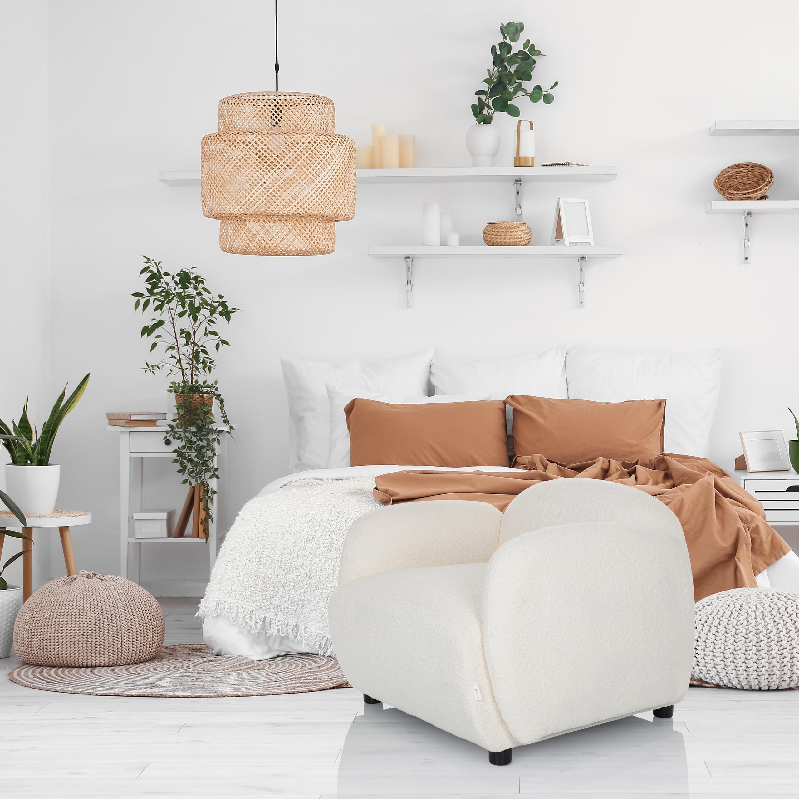 Fauteuil rembourré avec accoudoirs VERDUNA Tissu Teddy, Lounge Confortable, Relax pour Salon/Chambre, Blanc