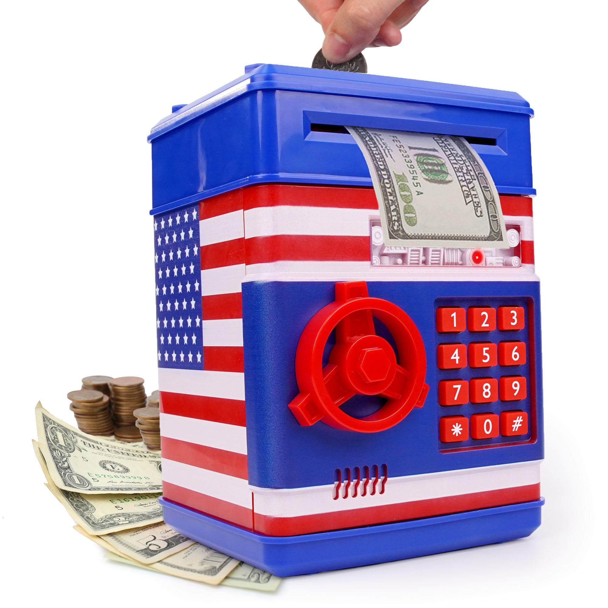 USA Toyz All-American Electronic Piggy Bank for Kids - ATM Kids Money Safe, Coin Bank Savings Box with Auto Bill Feeder Coin Slot, LED Lights, 4-Digit Password, Voice/Beep Modes, Ages 3+