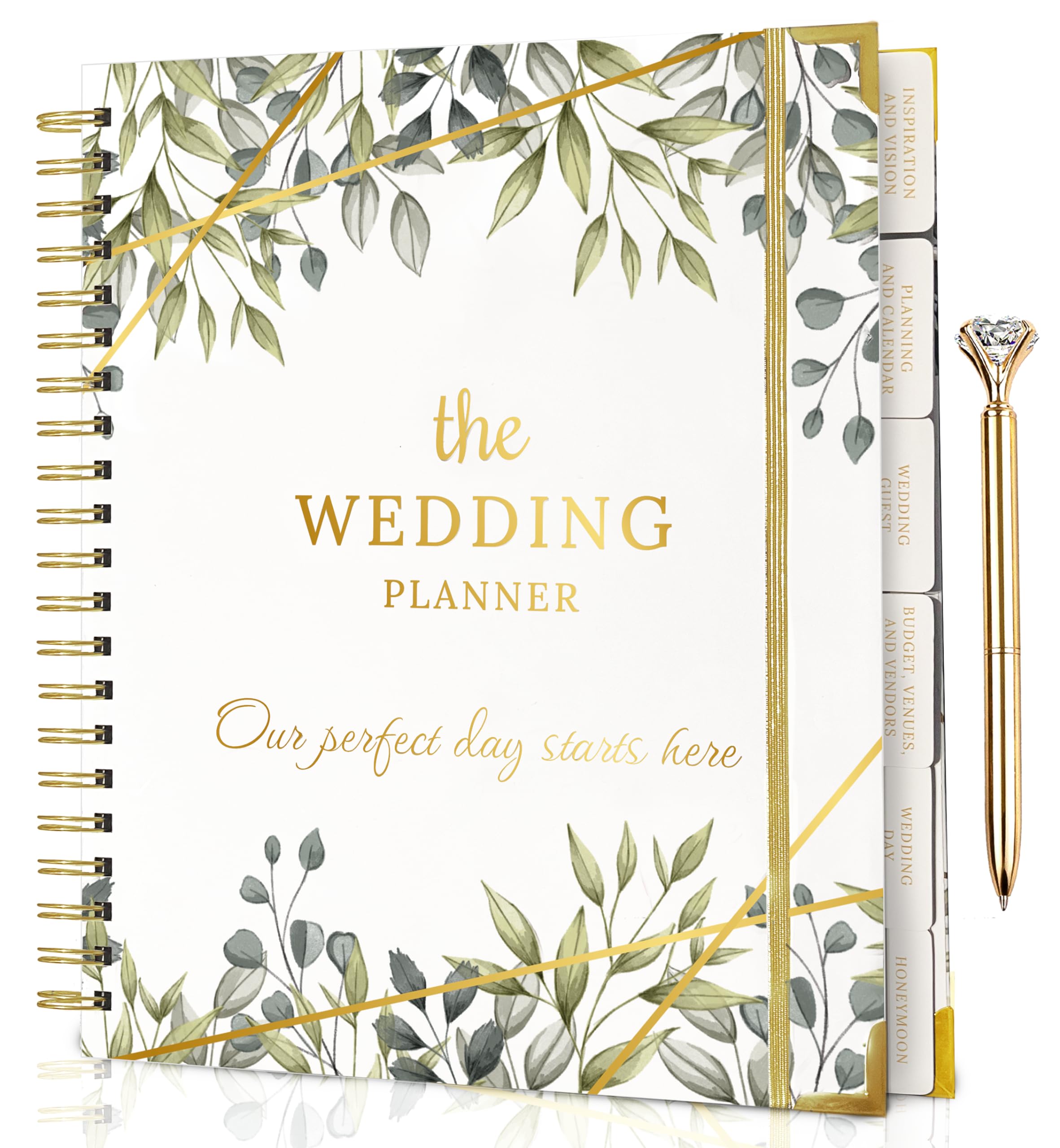 Beautiful Wedding Planner for the Bride with Gold Diamond Pen , 6 Tabbed Sections Wedding Planning Book & Engagement Gifts , Unique Inner Pockets