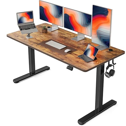 FEZIBO Height Adjustable Electric Standing Desk, 63 x 24 Inches Stand Up Table, Sit Stand Home Office Desk with Splice Board, Black Frame/Rustic Brown Top